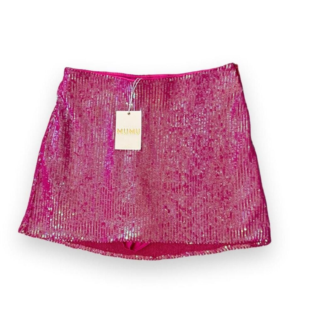 Show Me Your Mumu All Night Skort Pink Iridescent Sequin Mini Skirt L NWT